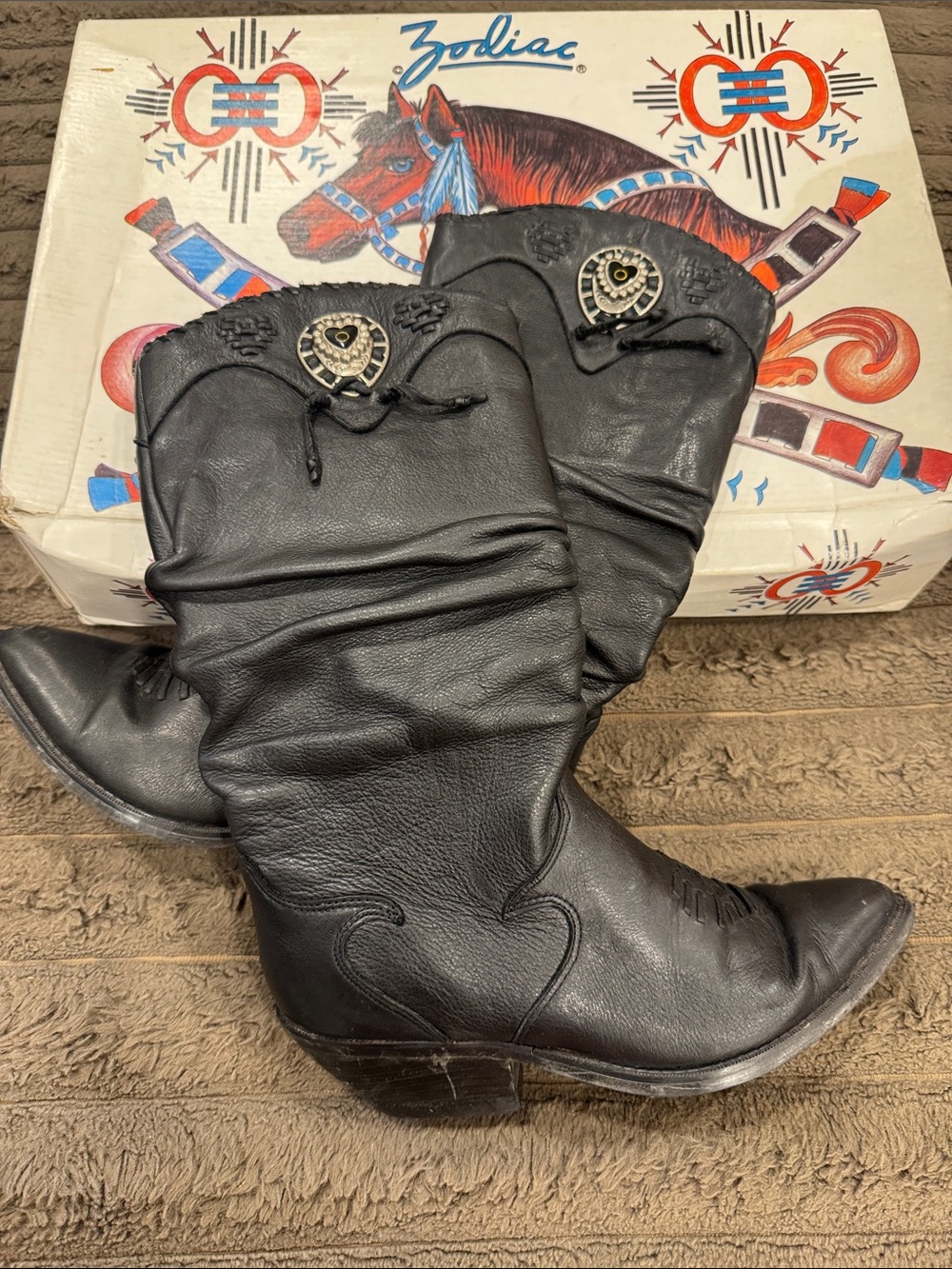 Vintage Zodiac Black Leather Mid-Calf Western Heeled Boots with Concho Detail
